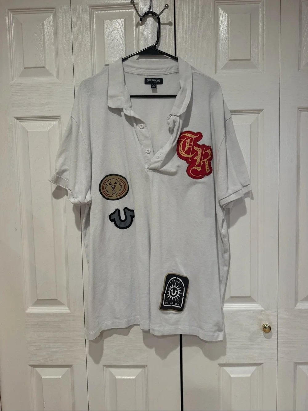 True Religion White Polo with Red Appliqué Logo and Multi-Patch Accents